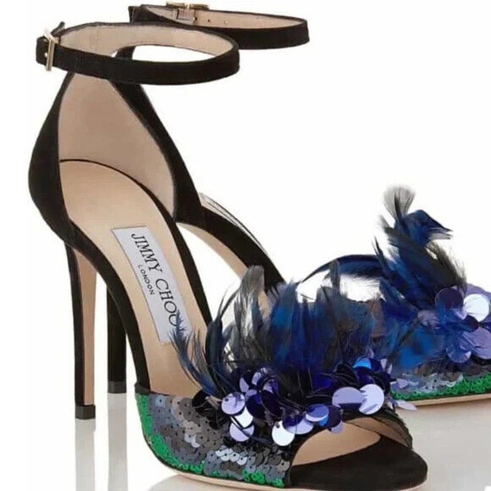 Jimmy Choo Annie 100 Pump Sandal Black ostrich feather details and sequins EU 39